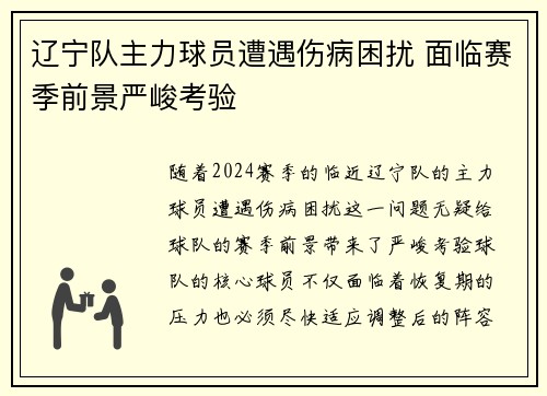 辽宁队主力球员遭遇伤病困扰 面临赛季前景严峻考验