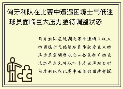 匈牙利队在比赛中遭遇困境士气低迷 球员面临巨大压力亟待调整状态