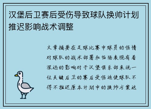 汉堡后卫赛后受伤导致球队换帅计划推迟影响战术调整