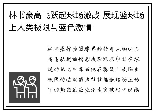 林书豪高飞跃起球场激战 展现篮球场上人类极限与蓝色激情