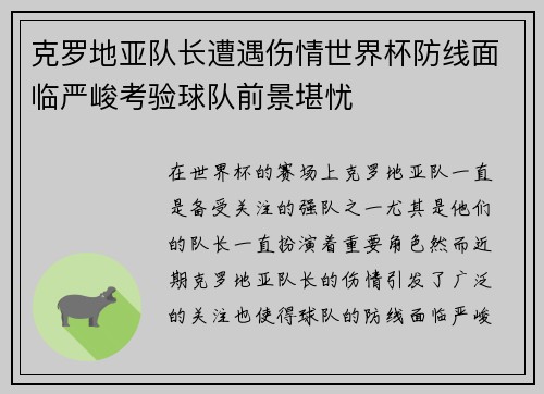 克罗地亚队长遭遇伤情世界杯防线面临严峻考验球队前景堪忧