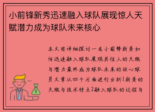 小前锋新秀迅速融入球队展现惊人天赋潜力成为球队未来核心
